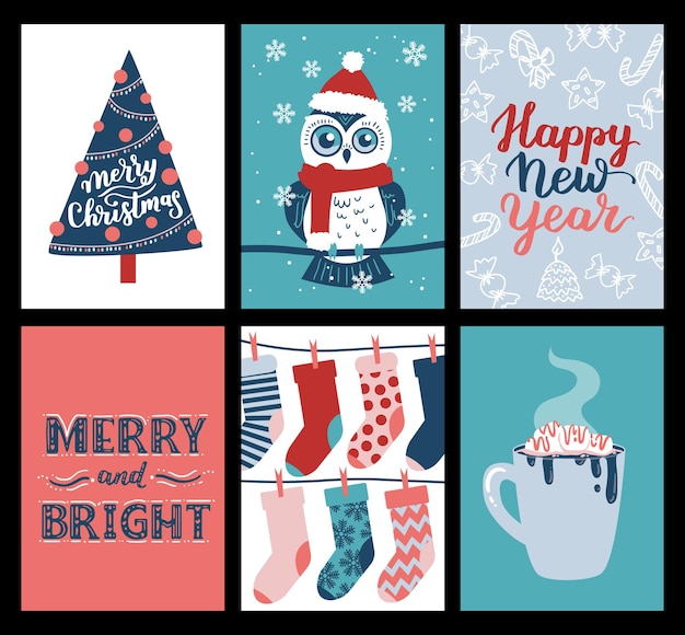 Collezione vettoriale di modelli di poster di Natale Nuovo anno 2023 set di biglietti di auguri di Natale Regali dai colori vivaci e lettere scritte a mano per il tuo invito e design