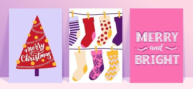 Collezione vettoriale di modelli di poster di Natale Nuovo anno 2023 set di biglietti di auguri di Natale Regali dai colori vivaci e scritte a mano per il tuo invito e design