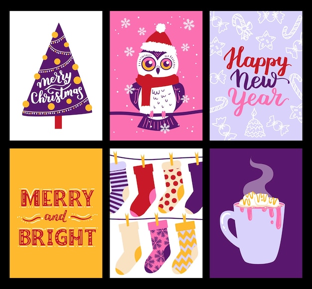 Collezione vettoriale di modelli di poster di Natale Nuovo anno 2023 set di biglietti di auguri di Natale Regali dai colori vivaci e scritte a mano per il tuo invito e design