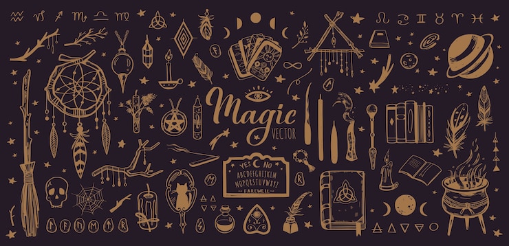 Vettore collezione vintage di stregoneria e magia con illustrazione occulta isolata