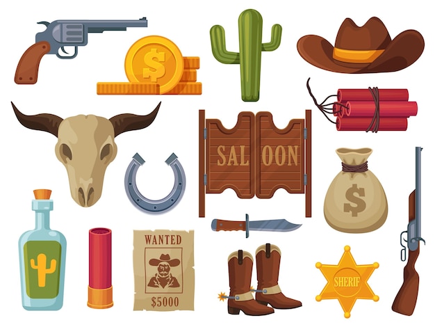 Collezione Wild West Icone dei cartoni animati con cappello da cowboy cactus dinamite rodeo mucca sella stella dello sceriffo adesivi western da cowboy carino Insieme vettoriale isolato
