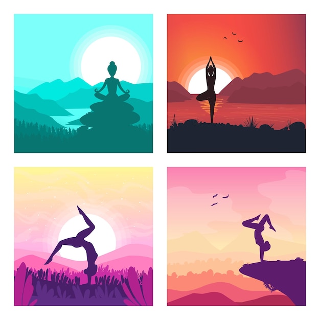 Collezione Yoga meditazione sport ginnastica fitness relax Illustrazione vettoriale di pose yoga in natura