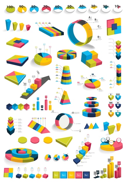 Collezioni di infografica diagrammi di progettazione 3D Vari modelli di colore grafici schemi scatole grafici a torta bolle per la stampa o il web design illustrazione vettoriale