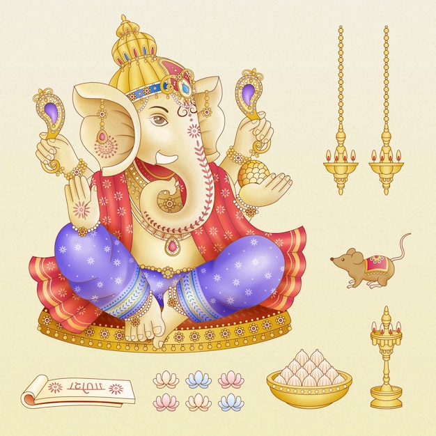 Collezioni di simboli del festival Ganesh Chaturthi su sfondo beige beige