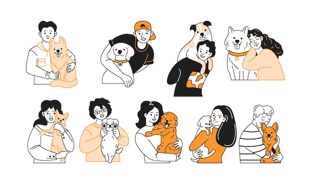 Coloni di animali domestici felici che abbracciano cani collezione di icone lineari a colori