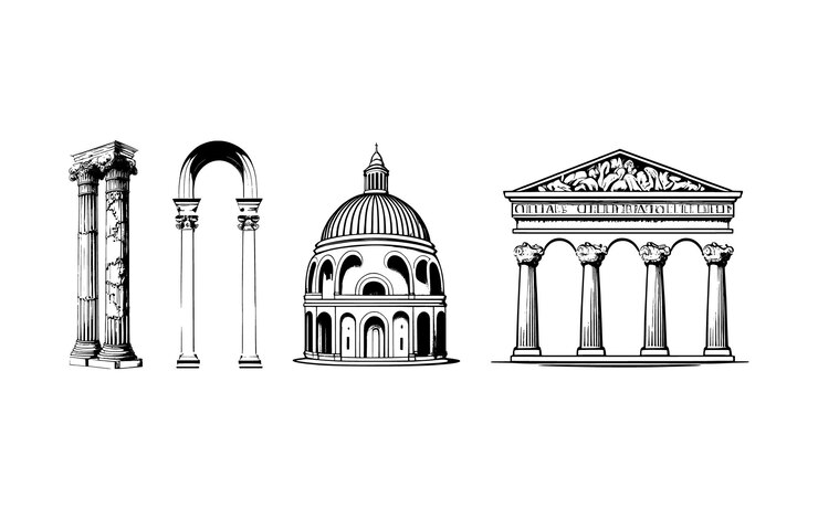 Vettore colonne, archi e cupole di antichi edifici greci e romani.