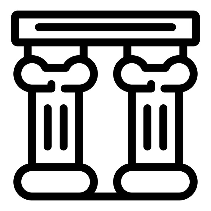 Vettore colonne di ordine ionico che sostengono l'icona lineare dell'entablatura di pietra