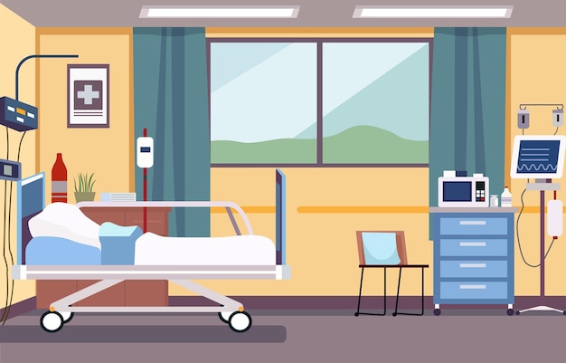 Colorata sala ospedaliera con letto e attrezzature mediche