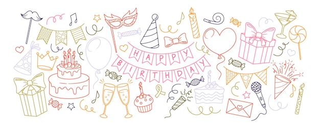 Colorati Doodle per feste di compleanno con palloncini di torta e decorazioni in stile lineare per le celebrazioni