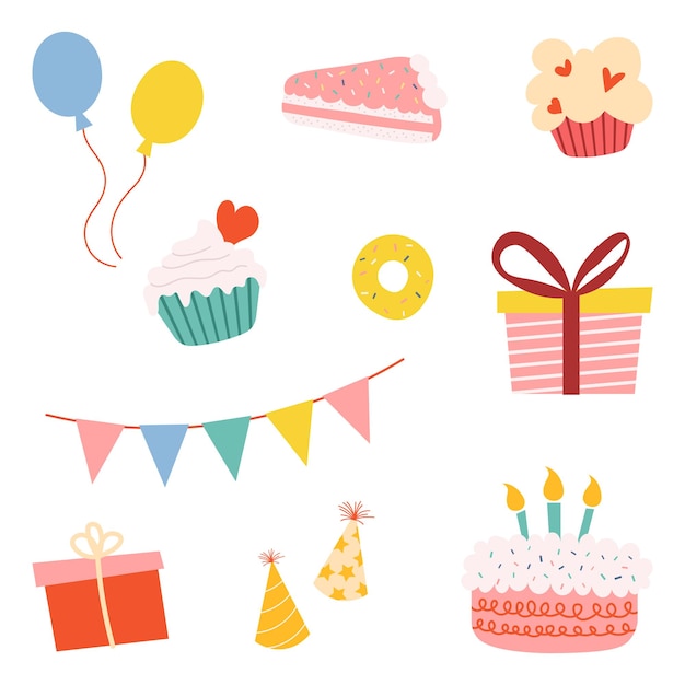 Colorati elementi vettoriali piatti luminosi e affascinanti con un layout orizzontale di compleanno con una torta di compleanno
