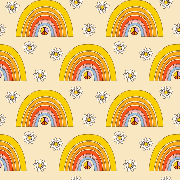 Colorato arcobaleno groovy motivo senza cuciture divertente multicolore retrò stampa per carta in tessuto e design di superficie psichedelico illustrazione vettoriale