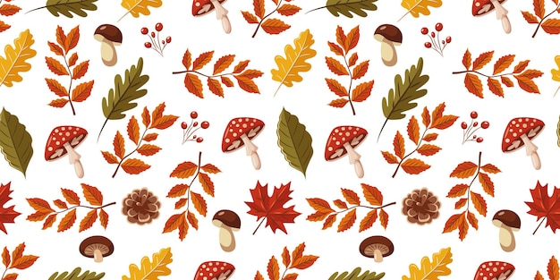 Colorato disegno autunnale senza cuciture con foglie e bacche di funghi