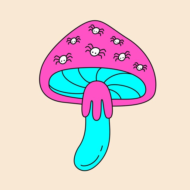 Colorato fungo retrò agarico di mosca con ragni punteggiati Groovy hippie Halloween illustrazione