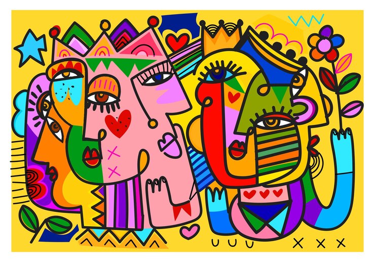 Vettore colorato viso astratto persone ritratto decorativo disegnato a mano illustrazione vettoriale line art doodle