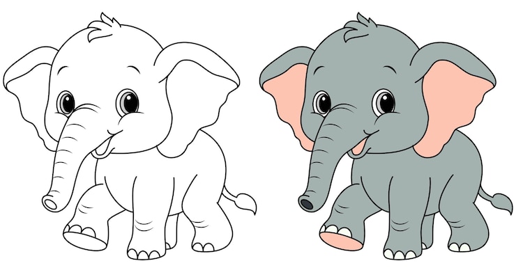 Vettore colorazione di personaggi di cartoni animati di kawaii elefante isolati su sfondo bianco