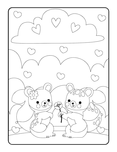 Colorazione invernale di Natale, pagine da colorare di San Valentino per bambini. Pagina da colorare d'amore, libro da colorare