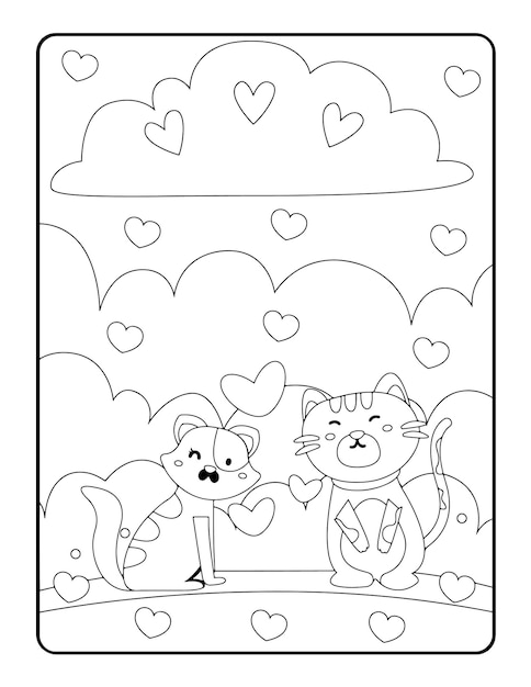 Colorazione invernale di Natale, pagine da colorare di San Valentino per bambini. Pagina da colorare d'amore, libro da colorare
