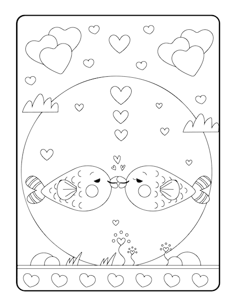 Colorazione invernale di Natale, pagine da colorare di San Valentino per bambini. Pagina da colorare d'amore, libro da colorare