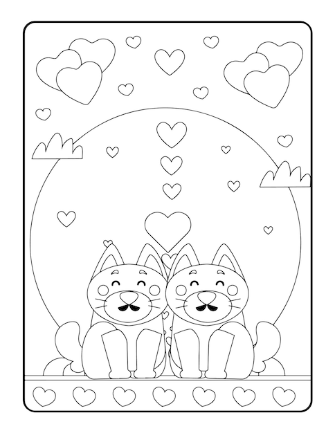 Colorazione invernale di Natale, pagine da colorare di San Valentino per bambini. Pagina da colorare d'amore, libro da colorare