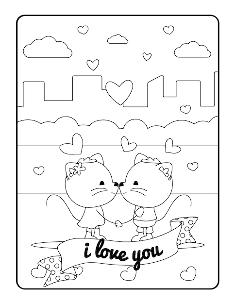 Colorazione invernale di Natale, pagine da colorare di San Valentino per bambini. Pagina da colorare d'amore, libro da colorare