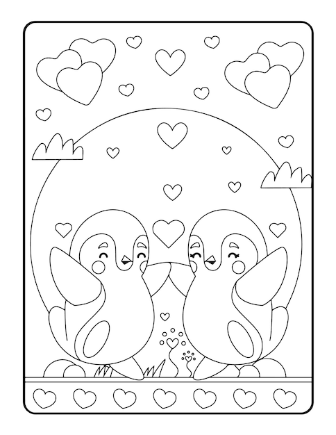 Colorazione invernale di Natale, pagine da colorare di San Valentino per bambini. Pagina da colorare d'amore, libro da colorare