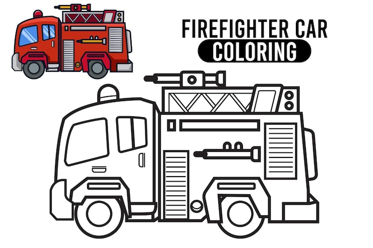 Vettore colorazione pagina contorno di camion dei vigili del fuoco cartone animato libro da colorare per bambini contorno vettoriale