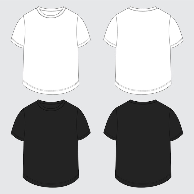 Colore bianco e nero Maglietta a maniche corte modello di illustrazione vettoriale vista anteriore e posteriore