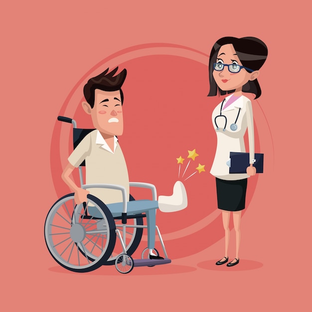 Colore di sfondo con handicappato in sedia a rotelle e donna specialista medico