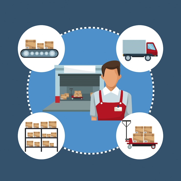 Vettore colore di sfondo con telaio circolare di icone di logistica di stoccaggio