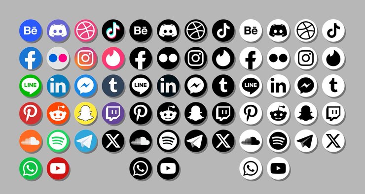 Vettore colore icone circolari di social media in bianco e nero con ombra