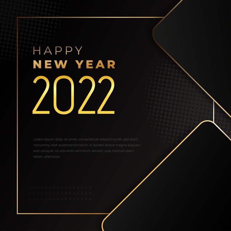 Colore oro felice anno nuovo 2022 con sfondo nero elegante per post sui social media