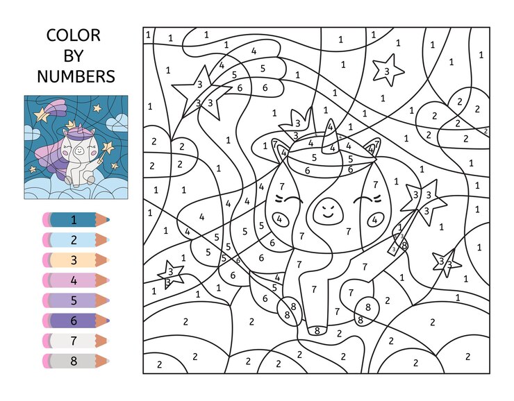 Colore per gioco di numeri con unicorno e bacchetta magica