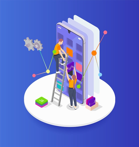 Colored programming coding development isometric with abstract programmers build algorithm