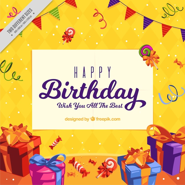 Colorful background compleanno con regali e ghirlande