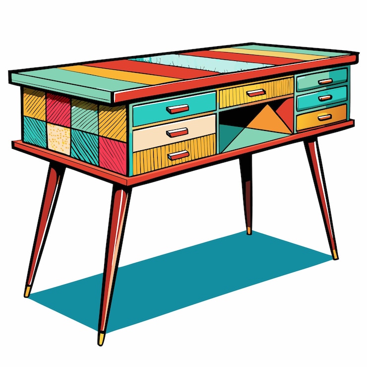 Vettore colorosa scrivania moderna retro di metà secolo con motivi geometrici