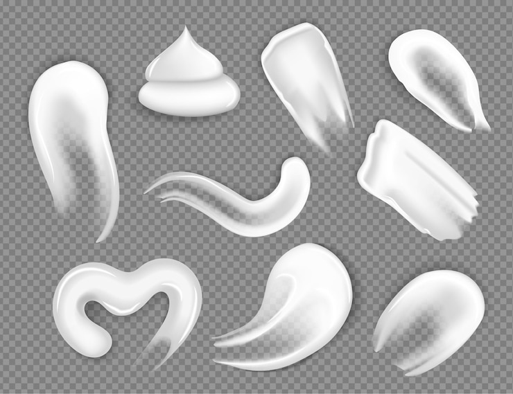 Colpi di crema. Set di diverse creme cosmetiche realistiche su uno sfondo trasparente, elementi per il design del prodotto.