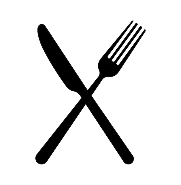 Coltello e forchetta stoviglie isolate su sfondo bianco Set di icone Silhouette nera semplice a forma di ombra Concetto di logo per attrezzature da cucina Illustrazione vettoriale di stile piatto
