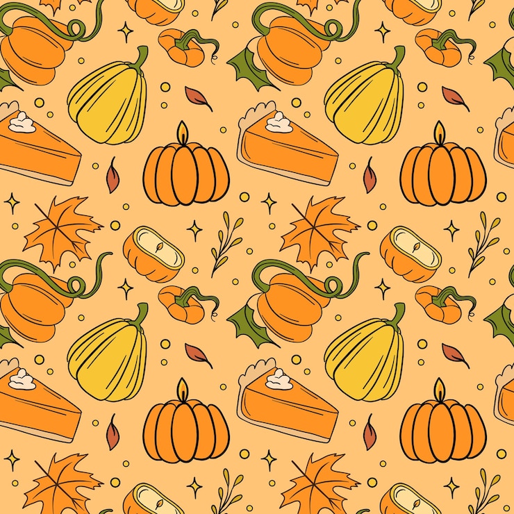 Vettore coltivazione autunnale modello senza cuciture con zucche zucca e torta