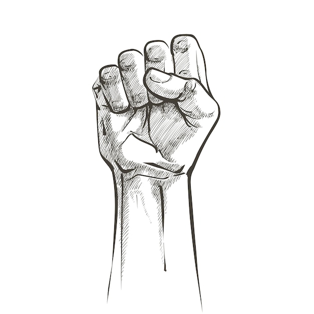 Combattimento aereo alzato a mano per i diritti umani. Potere di pugno. Concetto di protesta, ribellione, rivendicazioni politiche, rivoluzione, unità, cooperazione, le vite contano, non mollare. La folla di persone marcia. Vettore