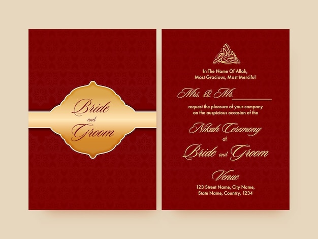 Combinazione di colori rosso e dorato di biglietti d'invito per matrimonio islamico con doppia faccia