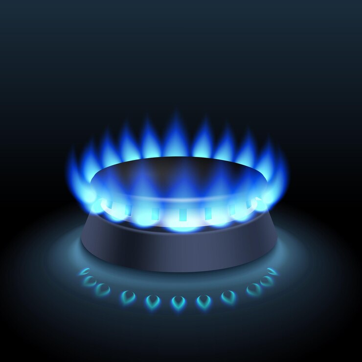 Vettore combustibile blu di gas naturale pulito fiamma dal bruciatore su uno sfondo scuro vista laterale