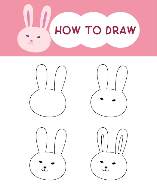 Come disegnare un cartone animato con la faccia di un coniglio passo dopo passo per l'apprendimento dell'educazione dei bambini libro da colorare illustrazione vettoriale