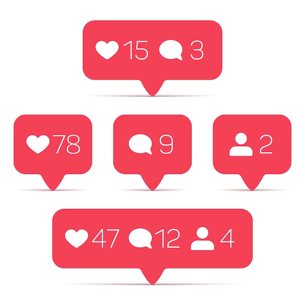 Come, seguace, icone di vettore di commento impostate. Modello di contatore con informazioni per il social networking. Illus