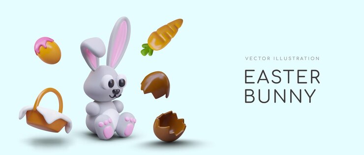 Vettore comico coniglietto di pasqua in stile bambini d cesto carota metà di uova di cioccolato