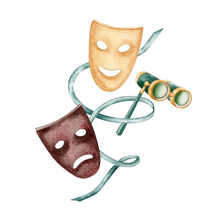 Vettore commedia teatrale e tragedia maschere emotive con binocoli illustrazione ad acquerello isolata