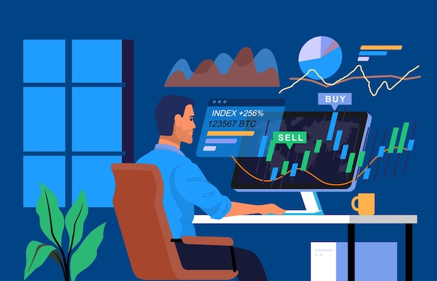 Commerciante di borsa che lavora al computer con i grafici vettoriali. SEO per affari di analisi dell'uomo