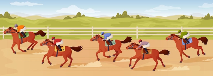 Vettore competizioni dell'ippodromo cartoon corse di cavalli panorama competizione equestre derby pista recinzione arena melbourne cup scommesse ippiche ingegnoso illustrazione vettoriale della competizione ippodromo