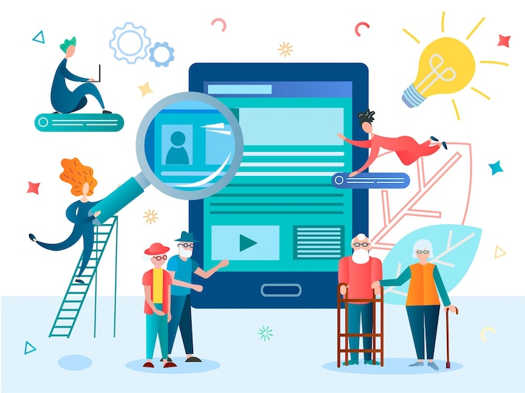 Vettore compilazione del questionario on line tramite gadget da parte dei pensionati assistenza sociale prestazioni sociali assistenza al lavoro dei pensionati illustrazione sostegno e protezione sociale
