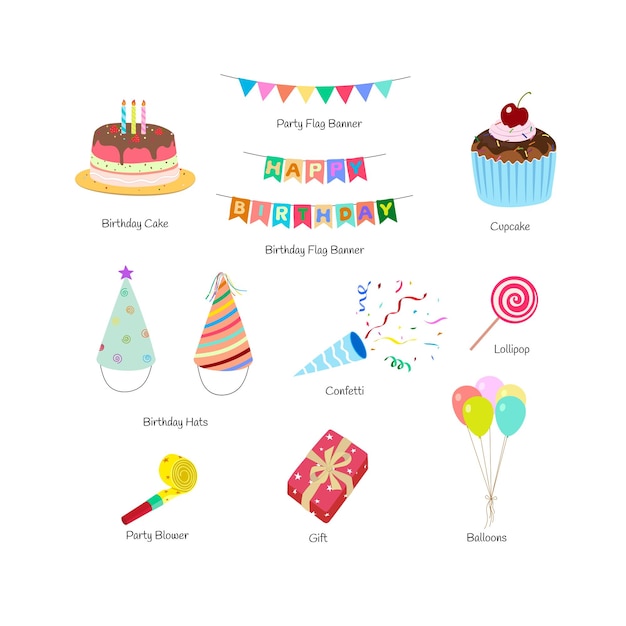 Compleanno set vettore piatto in stile cartoon Icone colorate in stile doodle per il concetto di festa