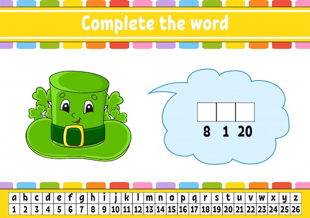 Completa le parole. Codice cifrato. Cappello Leprechaun. Imparare vocabolario e numeri.